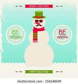 Merry Christmas background with snowman in hipster style.