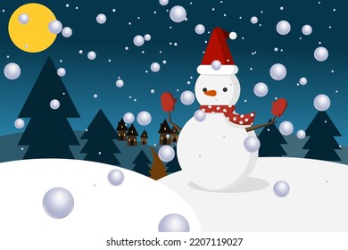 Merry Christmas background with snowman and snowfall. Vector illustration of a winter night. 