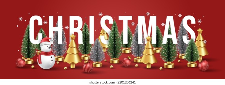 Merry Christmas background Snowman, christmas tree and christmas balls. Vector illustration