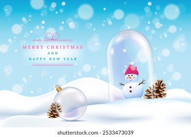 Merry Christmas background. Snowy winter. White snowdrift. Glass globe. Happy 2025 New Year. Toy ball. Pine cone. Holiday card. Bokeh snowflake. Xmas decoration poster. Vector celebration flyer design