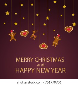 Merry Christmas background with stars and gingerbreads. Vector illustration.