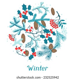 Merry Christmas background with stylized winter branches.