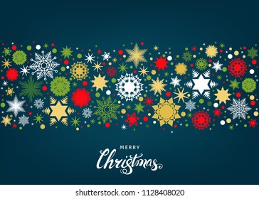 Merry Christmas background. Tape with  gold, red, white holiday pattern from snowflakes, xmas elements and decorations. Vector flat illustration for greeting card, poster or invitation design.