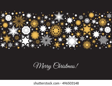 Merry Christmas background. Tape with   holiday pattern from gold and white snowflakes, xmas elements and decorations. Vector illustration for greeting card, label, poster or invitation design. 