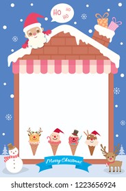 Merry christmas background template decorated with house frame, chimney and ice cream.