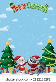 Merry Christmas background template with happy animals illustration