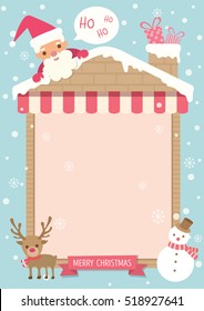 Merry christmas background template poster decorated with house frame, chimney and ornaments.