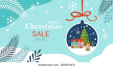 Merry Christmas background template for social media, banner or poster design. Country village landscape in bauble ornament creative concept.