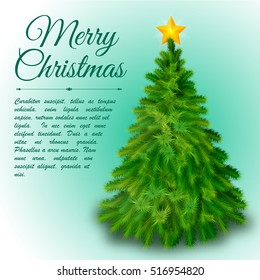 Merry christmas background with text field on left side and fir tree decorated with star flat vector illustration
