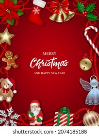 merry christmas background with toys, ribbons and decorations