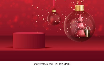 Merry Christmas background with transparent glass ball with red tree and gift box inside. Podium Holiday mock up red card. Vector x-mas design with place for display sale product vector design.