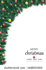 Merry Christmas Background. Christmas tree branches decoration with Christmas balls and Gold stars on white background. Vector illustration.