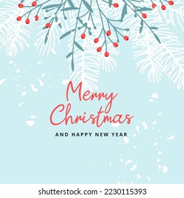 Merry Christmas background with Christmas tree branches, red berries and snow texture. Editable vector template for greeting card, invitation, social media post, poster, mobile apps, web ad