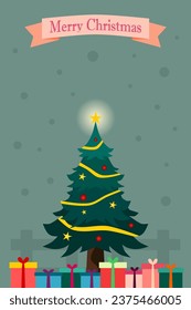 Merry Christmas background with Christmas tree, gift, and snow. Vertical vector illustration.