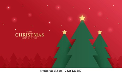 Merry Christmas background. Christmas tree and golden star in winter snow for new year background