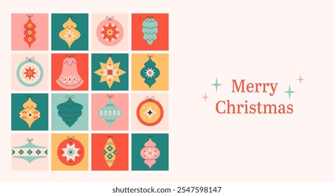 Fundo Feliz Natal com coleção de brinquedos da árvore de Natal. Bolas de Natal coloridas brilhantes. Fundo de férias de inverno para felicitações. Ilustração vetorial em estilo plano