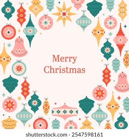 Merry Christmas background with Christmas tree toys collection. Colorful bright Christmas balls. Winter holiday background for congratulations. Vector illustration in flat style