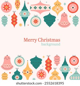 Merry Christmas background with Christmas tree toys. Colorful bright Christmas balls. Winter holiday background for congratulations. Vector illustration in flat style