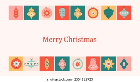 Merry Christmas background with Christmas tree toys. Colorful bright Christmas balls. Winter holiday background for congratulations. Vector illustration in flat style