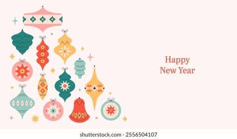 Merry Christmas background with Christmas tree toys. Colorful bright Christmas balls. Winter holiday background for congratulations. Vector illustration in flat style