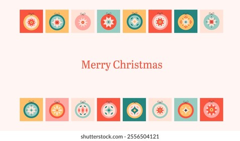 Merry Christmas background with Christmas tree toys. Colorful bright Christmas balls. Winter holiday background for congratulations. Vector illustration in flat style