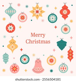 Merry Christmas background with Christmas tree toys. Christmas ornaments. Winter holiday background for congratulations. Vector illustration in flat style