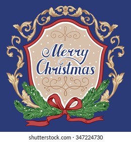 Merry Christmas Background With Typography, Lettering. Greeting card Vintage baroque frame scroll ornament engraving border floral retro pattern antique style acanthus foliage swirl decorative design 