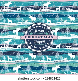 Merry Christmas background with Typography. Vector illustration. Design elements for posters, flyers, graphics module, paper, wallpaper. Seamless pattern with forest, forest animals and trees.