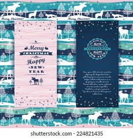 Merry Christmas background with Typography. Vector illustration. Design elements for posters, flyers, graphics module, paper, wallpaper. Seamless pattern with forest, forest animals and trees.