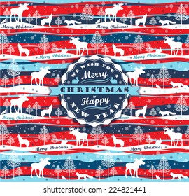 Merry Christmas background with Typography. Vector illustration. Design elements for posters, flyers, graphics module, paper, wallpaper. Seamless pattern with forest, forest animals and trees.