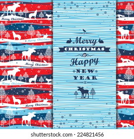 Merry Christmas background with Typography. Vector illustration. Design elements for posters, flyers, graphics module, paper, wallpaper. Seamless pattern with forest, forest animals and trees.