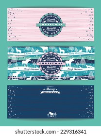 Merry Christmas background with Typography. Vector illustration. Design elements for posters, flyers, graphics module. Pattern with forest, forest animals and trees. 