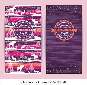 Merry Christmas background with Typography. Vector illustration. Design elements for posters, flyers, graphics module. Pattern with forest, forest animals and trees. 