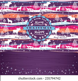 Merry Christmas background with Typography. Vector illustration. Design elements for posters, flyers, graphics module. Seamless pattern with forest, forest animals and trees.