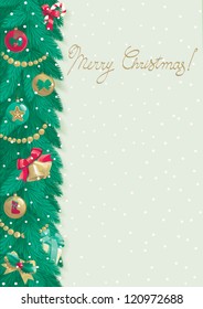 Merry Christmas background. Vector card of christmas fir tree with Christmas decorations on abstract background with snowflakes.