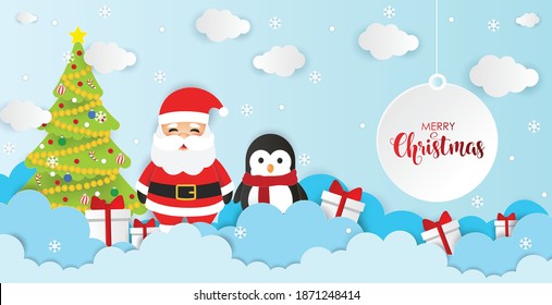 Merry Christmas Background Vector Illustration with Santa Claus, Penguin, Christmas Tree and Gifts. Winter Wonder Land Background.