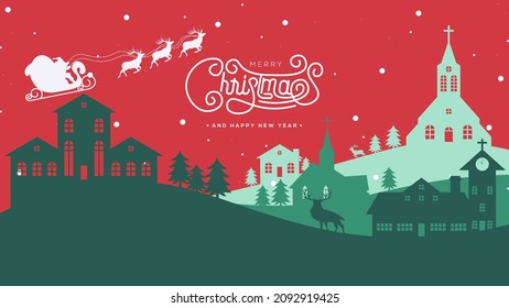 Fröhliche Weihnachtshintergrund Vektor Illustration mit Papierkunst und Handwerk, Weihnachtsmann Rentier Schlitten und Silhouette von Haus, Kirche, Kiefernbaum. Geeignet für Poster, Flyer, Grußkarten. 
