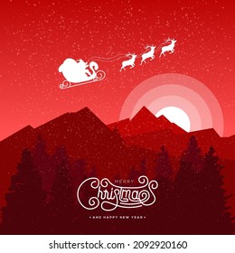 Merry Christmas background vector illustration with Copy space and Santa Claus Reindeer Sleigh Silhouette flying over pine forest on Christmas night. Suitable for holiday poster, flyer, greeting card