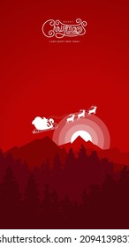 Merry Christmas background vector illustration with Copy space and Santa Claus Reindeer Sleigh Silhouette flying over pine forest on Christmas night. Suitable for holiday poster, flyer, greeting card