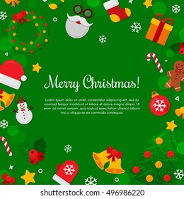 Merry Christmas Background. Vector Illustration. Flat Christmas Icons with Square Frame. Happy New Year Concept. Candy Cane, Christmas Tree, Candle, Gingerbread Man. Place for Your Text