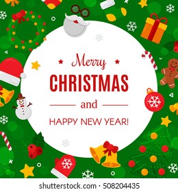 Merry Christmas Background. Vector Illustration. Flat Christmas Icons with Round Frame. Happy New Year Concept. Candy Cane, Christmas Tree, Candle, Gingerbread Man. Place for Your Text