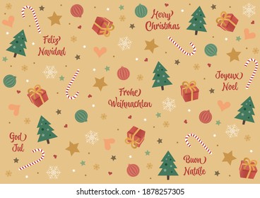 Merry Christmas background vector illustrations in different languages
