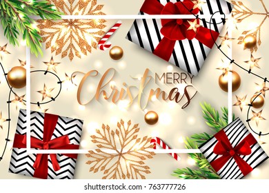 Merry Christmas background vector party invitation with gifts box red bow and shining snowflakes gold balls star garland