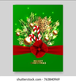 Merry Christmas background vector party invitation with gifts box red bow and shining snowflakes gold balls star garland