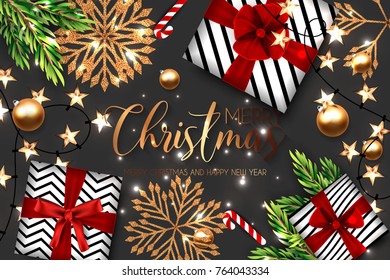 Merry Christmas background vector party invitation with gifts box red bow and shining snowflakes gold balls star garland