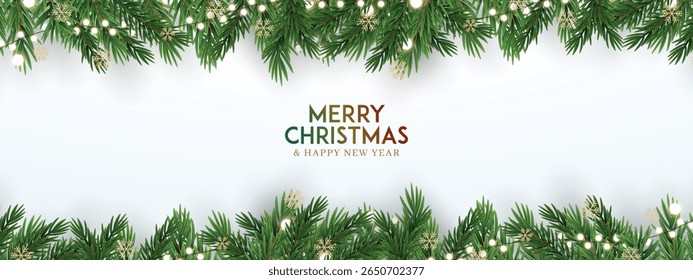 Merry christmas background vector poster. Christmas elegant invitation template. Christmas decoration border with fir branches and golden glitter confetti and sparkles of lights vector design.