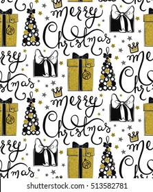 Merry Christmas background. Vector Seamless pattern with Holiday symbols. Colorful decorative pattern for celebrating Merry Christmas and Happy New Year.