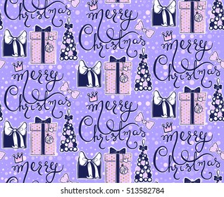 Merry Christmas background. Vector Seamless pattern with Holiday symbols. Colorful decorative pattern for celebrating Merry Christmas and Happy New Year.