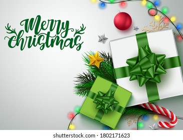 Merry christmas background vector template. Merry christmas greeting text with green gifts and colorful xmas decor elements and empty space for holiday season messages. Vector illustration