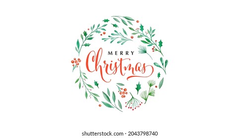 Merry Christmas background. Vector watercolor lettering design with elegant wreath illustration